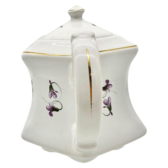 Vtg Kernewek Teapot w Lid English Bone China Hexagonal White w Purple Florals - Picture 8 of 9